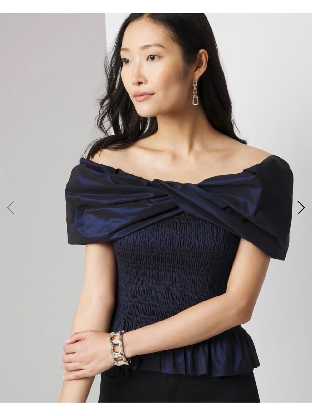 White House Black Market Navy Twist-Shoulder Smocked Peplum Top